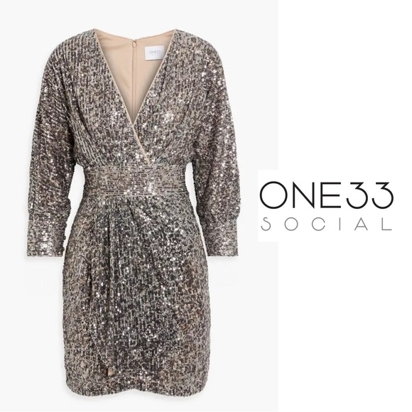 NEW ONE33 Social Leopard Print Draped Mini Sequin dress - Picture 12 of 12